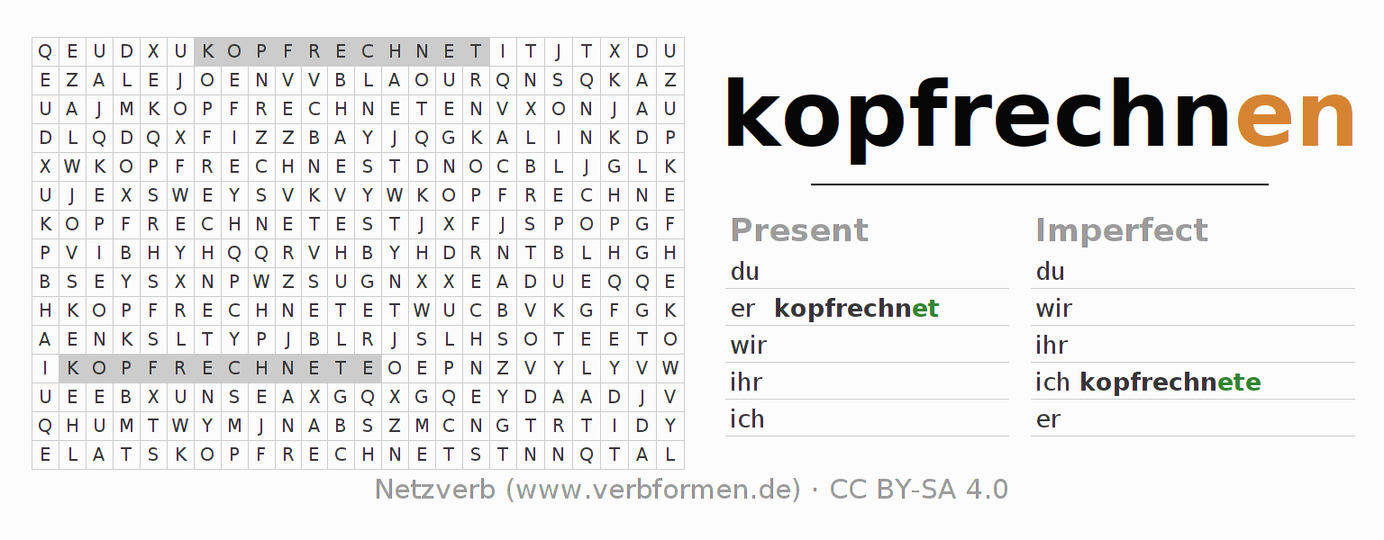 Word search puzzle for conjugation of German verb kopfrechnen