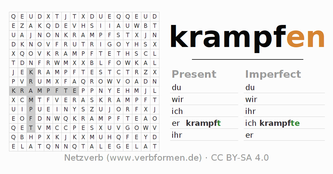 Word search puzzle for conjugation of German verb krampfen