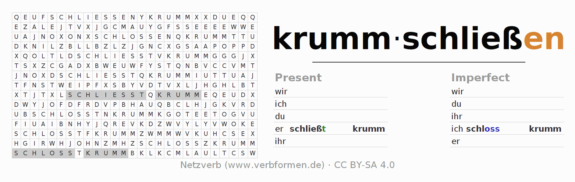 Word search puzzle for conjugation of German verb krummschließen