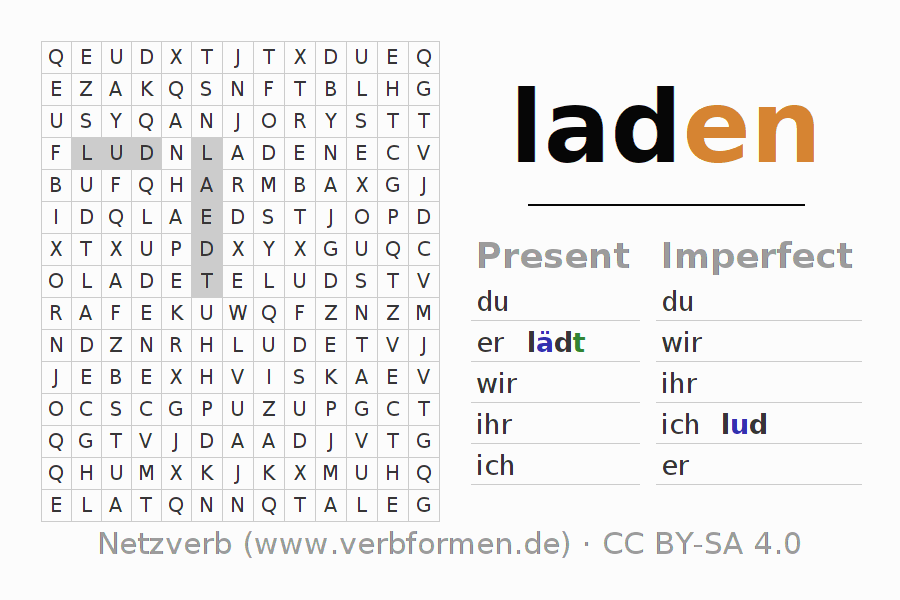 Word search puzzle for conjugation of German verb laden