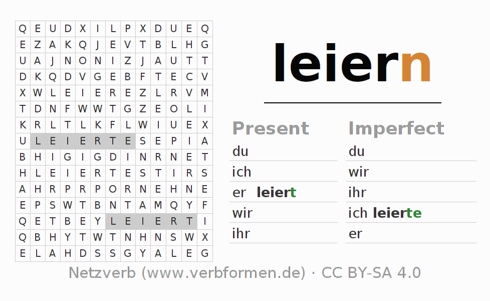 Word search puzzle for conjugation of German verb leiern