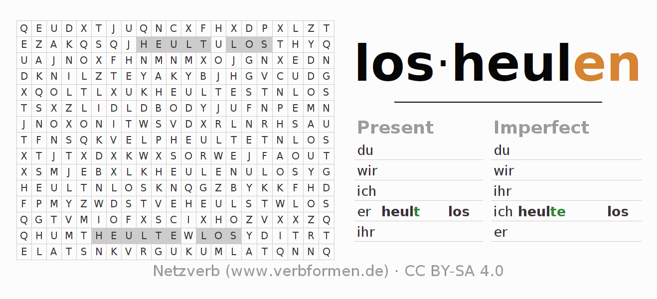 Word search puzzle for conjugation of German verb losheulen