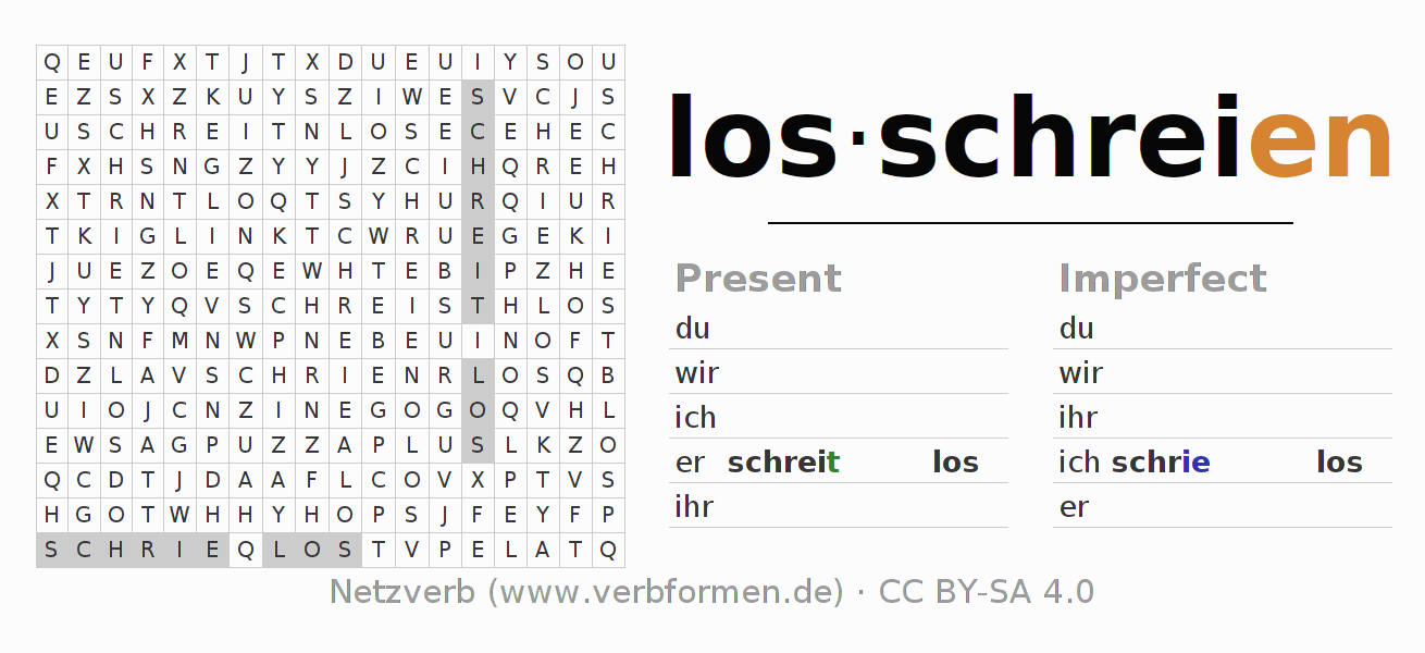 Word search puzzle for conjugation of German verb losschreien