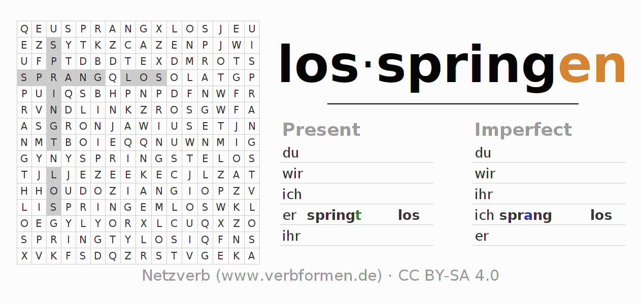 Word search puzzle for conjugation of German verb losspringen