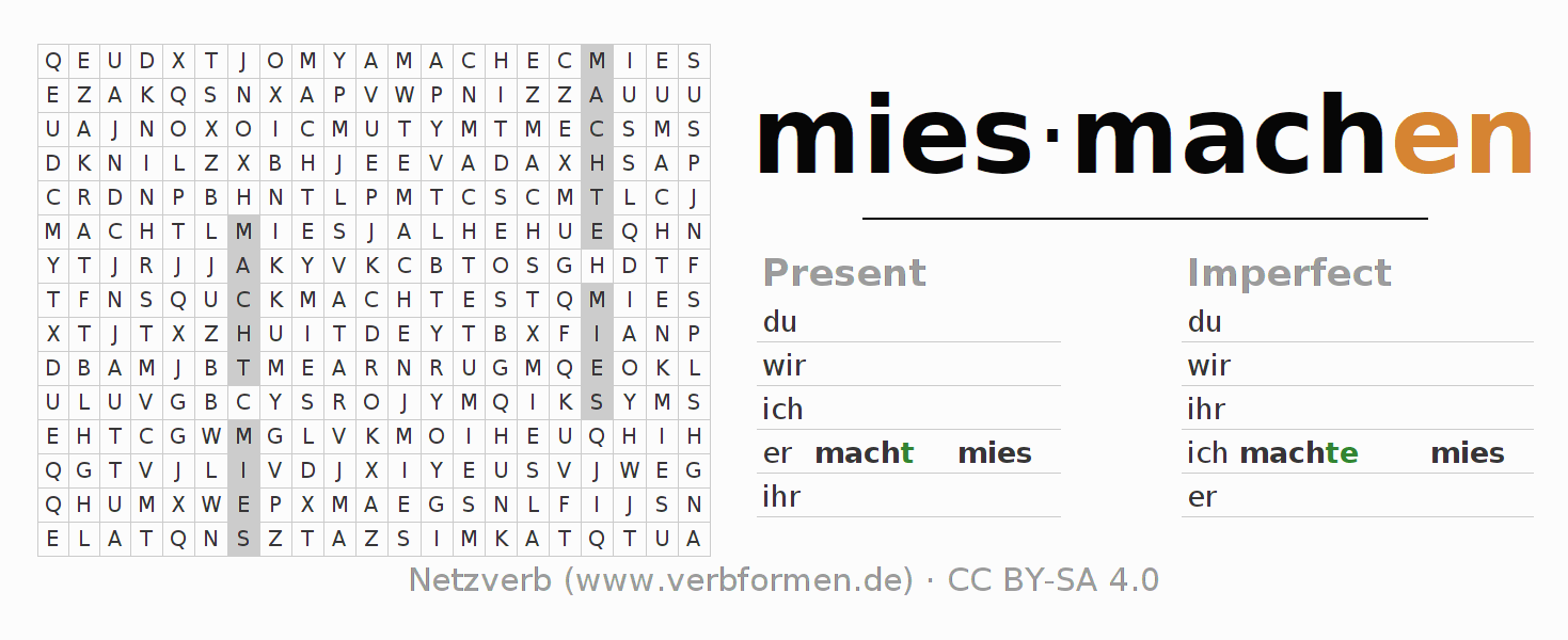 Word search puzzle for conjugation of German verb miesmachen