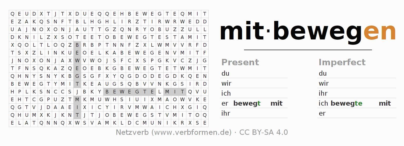 Word search puzzle for conjugation of German verb mitbewegen