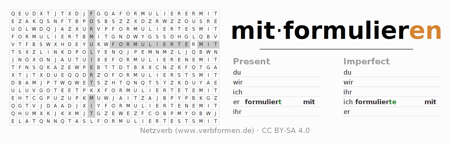Word search puzzle for conjugation of German verb mitformulieren