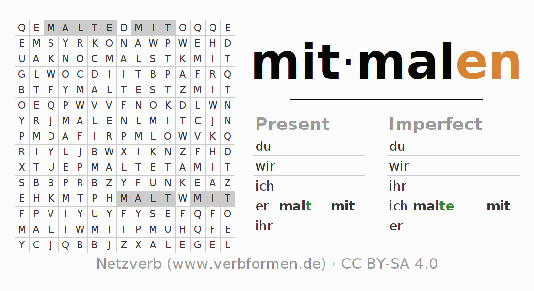 Word search puzzle for conjugation of German verb mitmalen