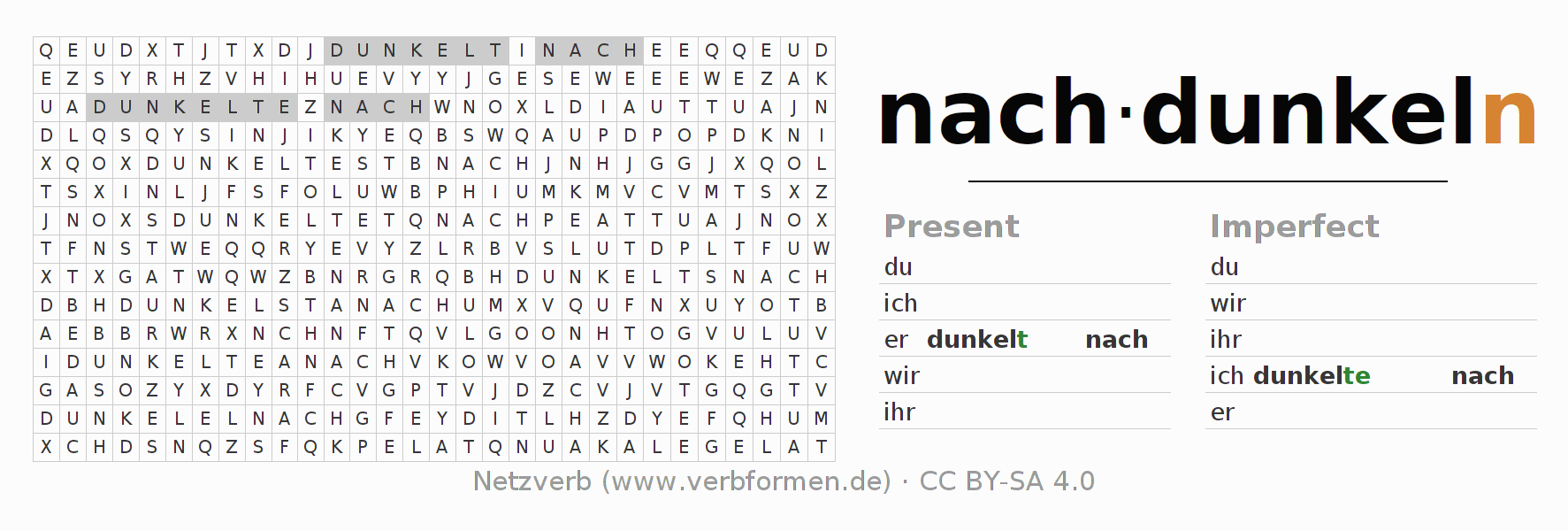 Word search puzzle for conjugation of German verb nachdunkeln (hat)