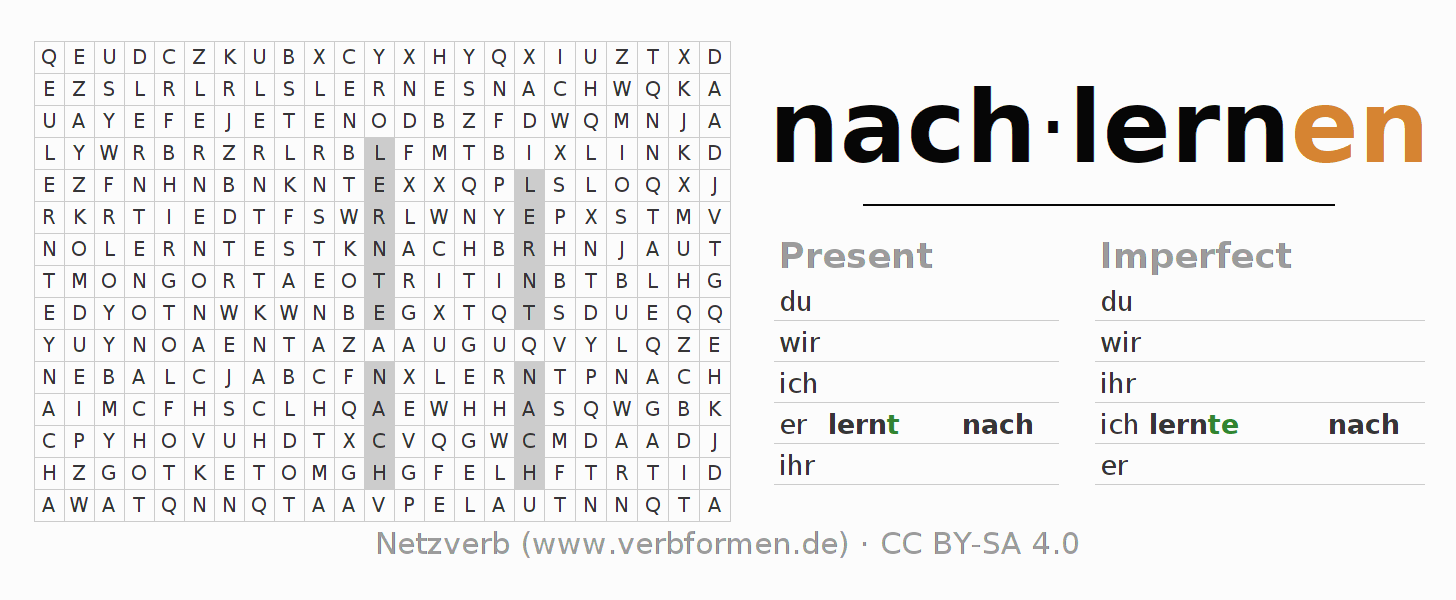 Word search puzzle for conjugation of German verb nachlernen