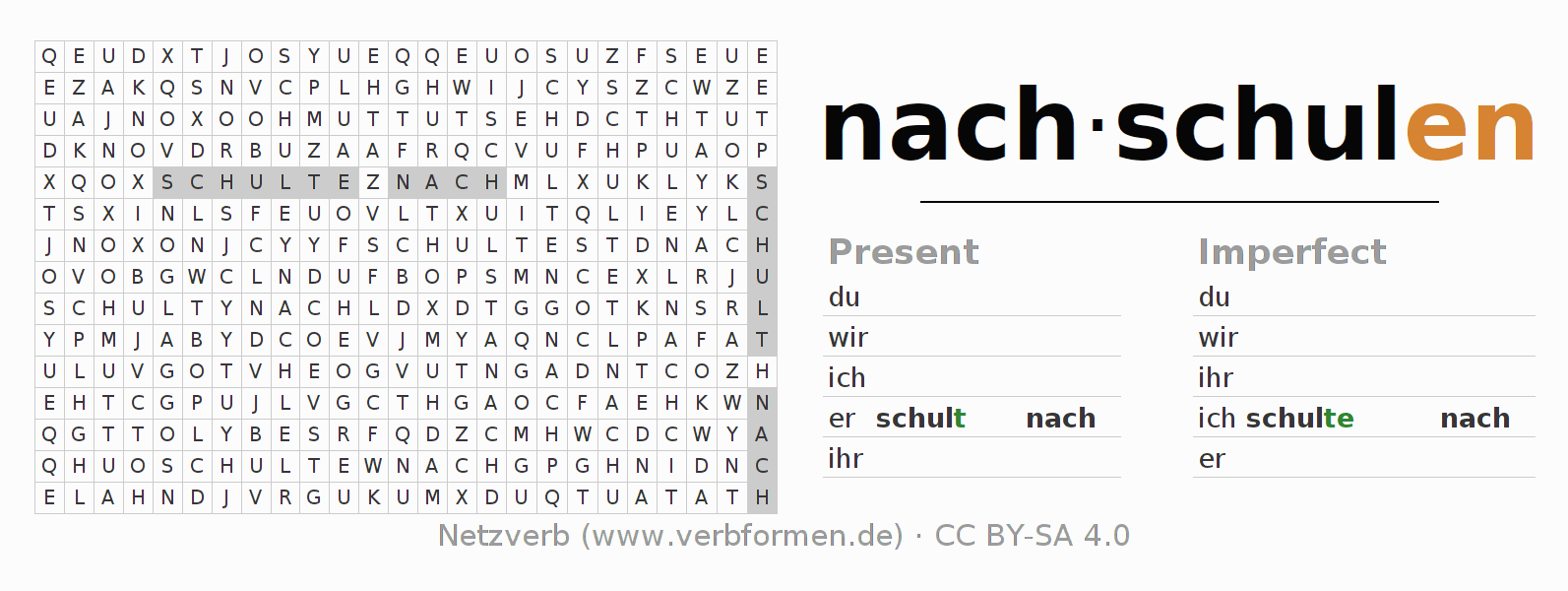 Word search puzzle for conjugation of German verb nachschulen