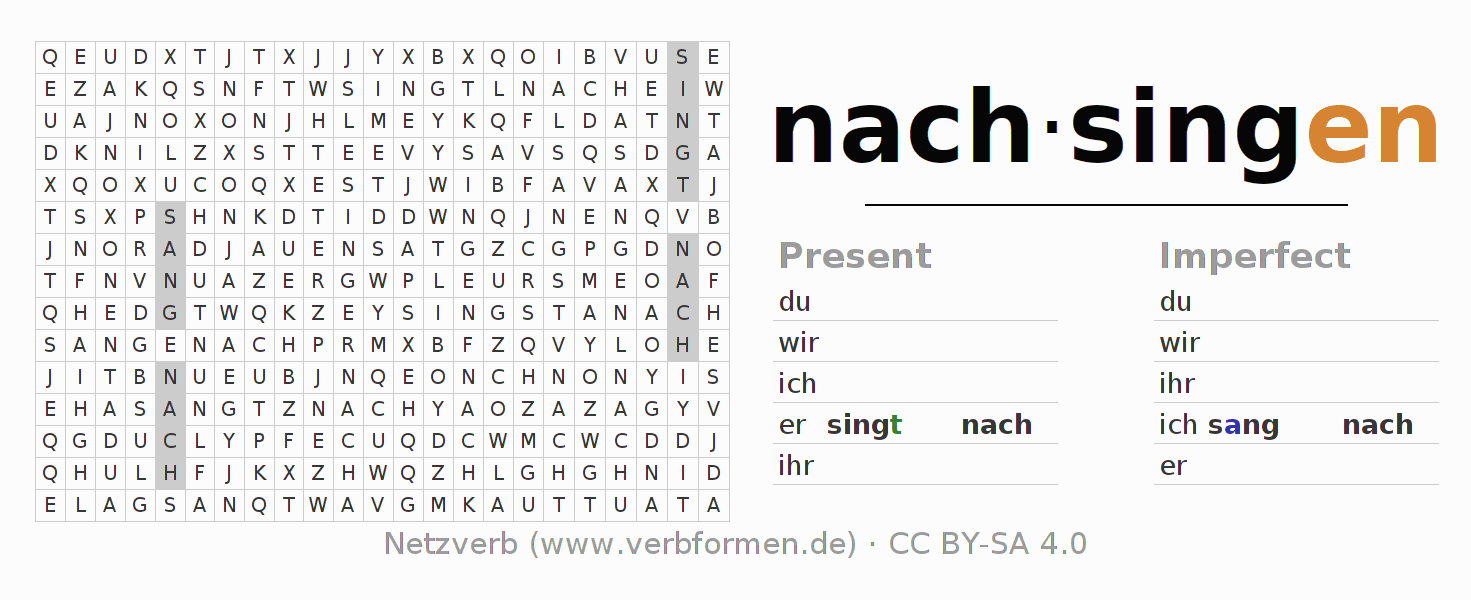 Word search puzzle for conjugation of German verb nachsingen
