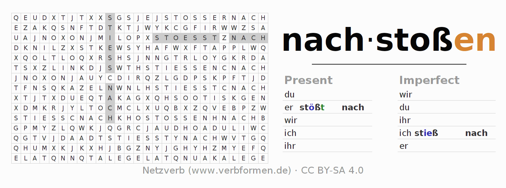 Word search puzzle for conjugation of German verb nachstoßen (ist)