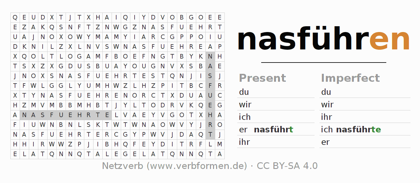 Word search puzzle for conjugation of German verb nasführen