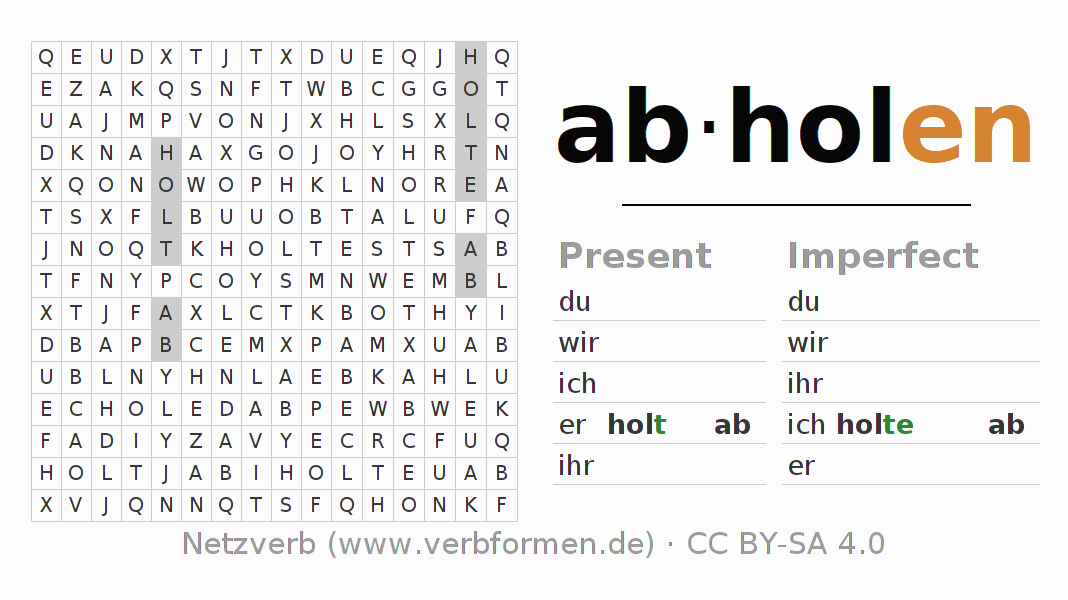 Word search puzzle for conjugation of German verb abholen