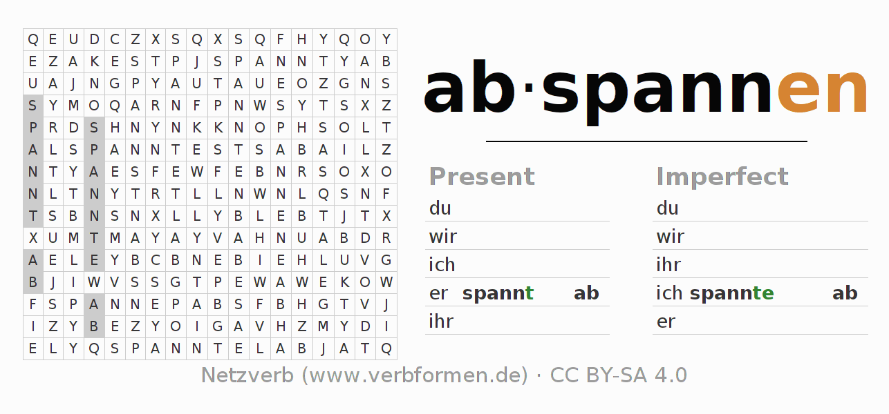 Word search puzzle for conjugation of German verb abspannen