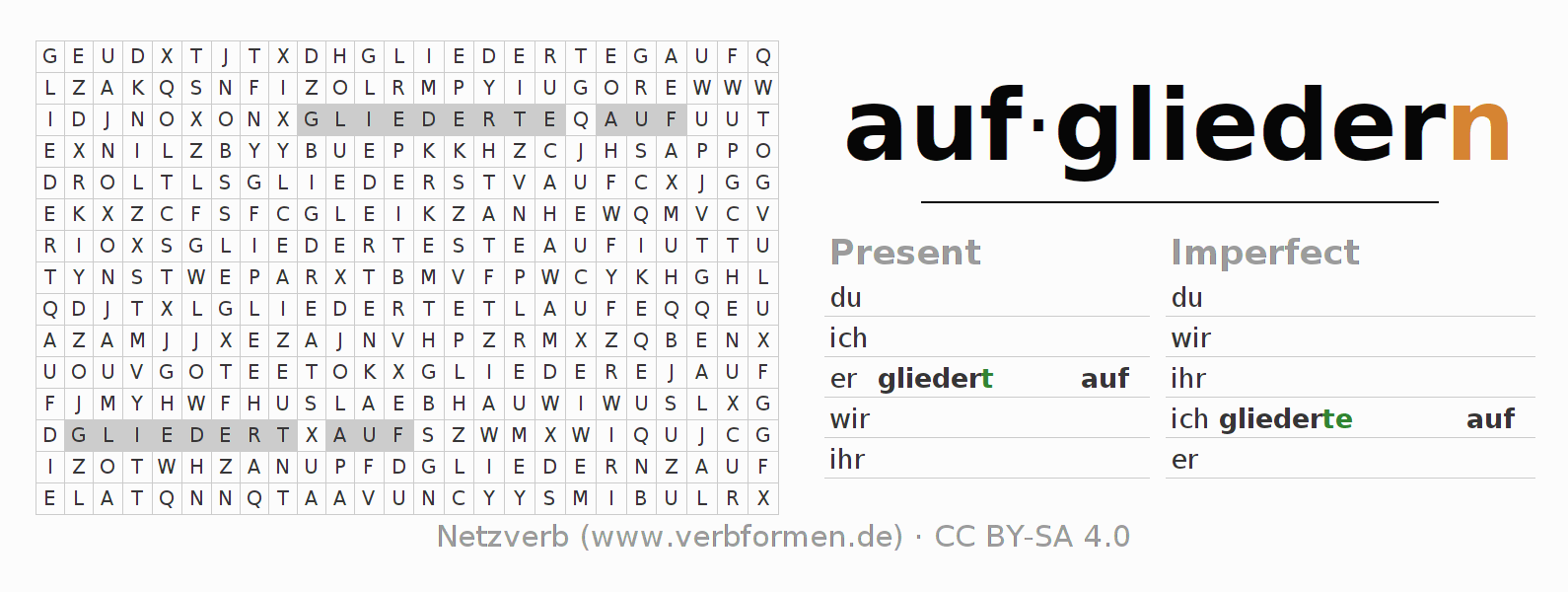 Word search puzzle for conjugation of German verb aufgliedern