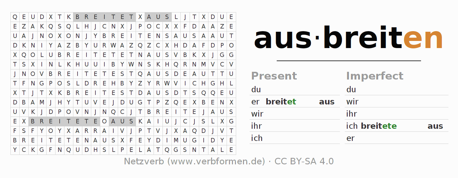 Word search puzzle for conjugation of German verb ausbreiten