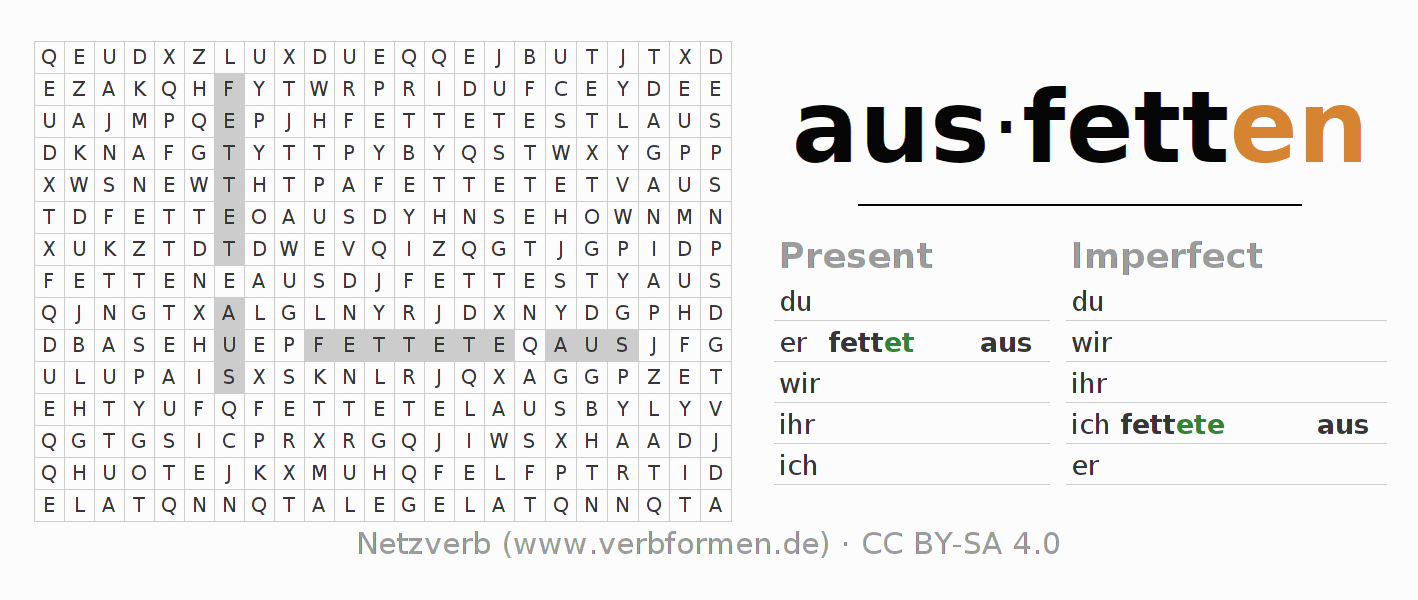 Word search puzzle for conjugation of German verb ausfetten
