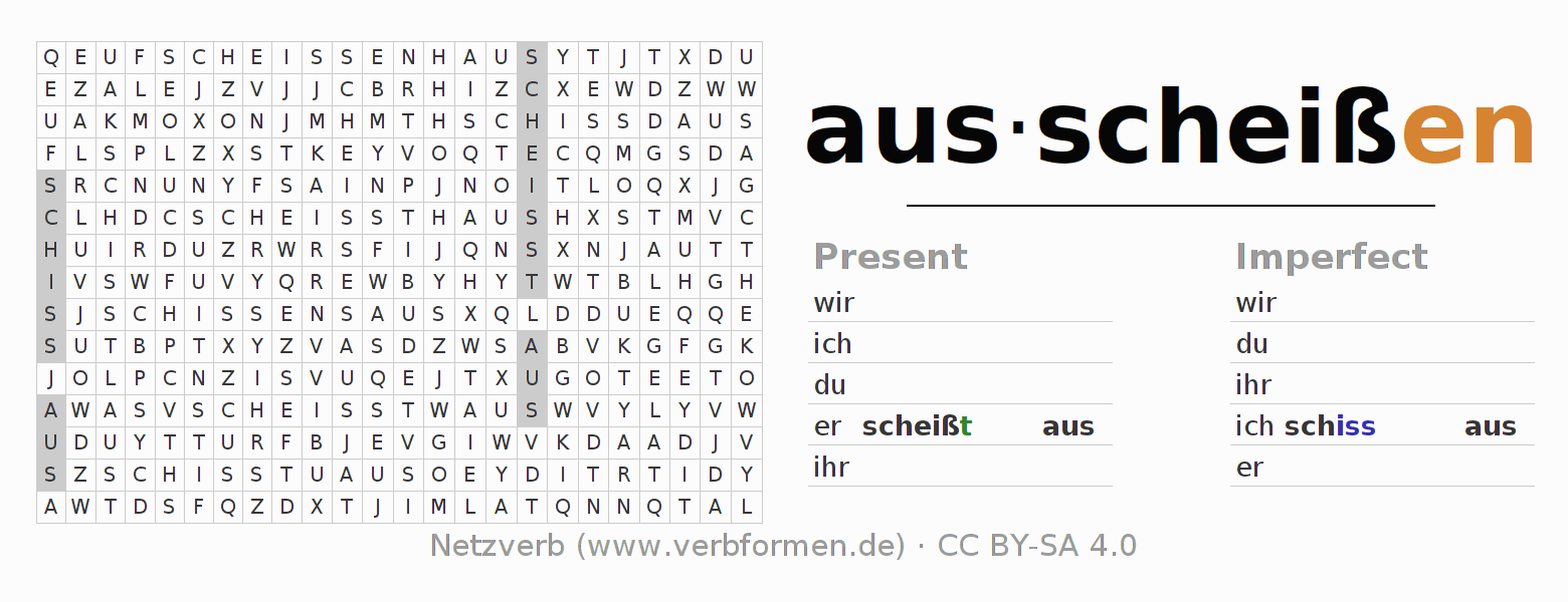 Word search puzzle for conjugation of German verb ausscheißen
