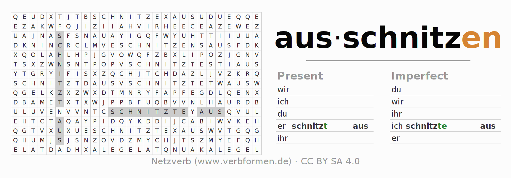 Word search puzzle for conjugation of German verb ausschnitzen