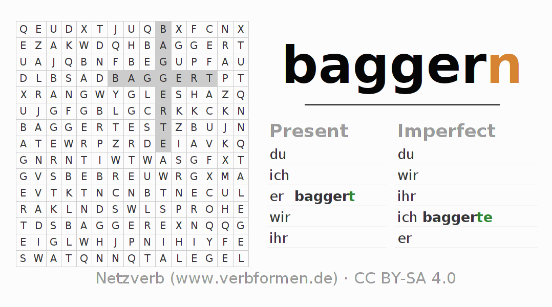Word search puzzle for conjugation of German verb baggern