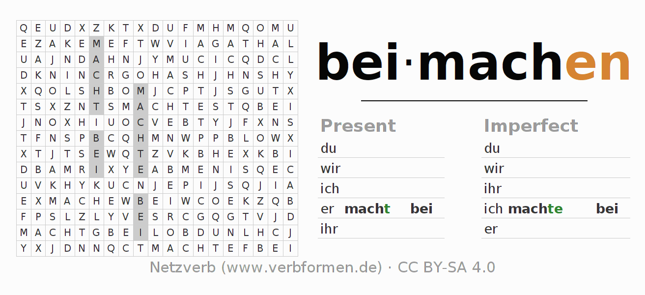 Word search puzzle for conjugation of German verb beimachen