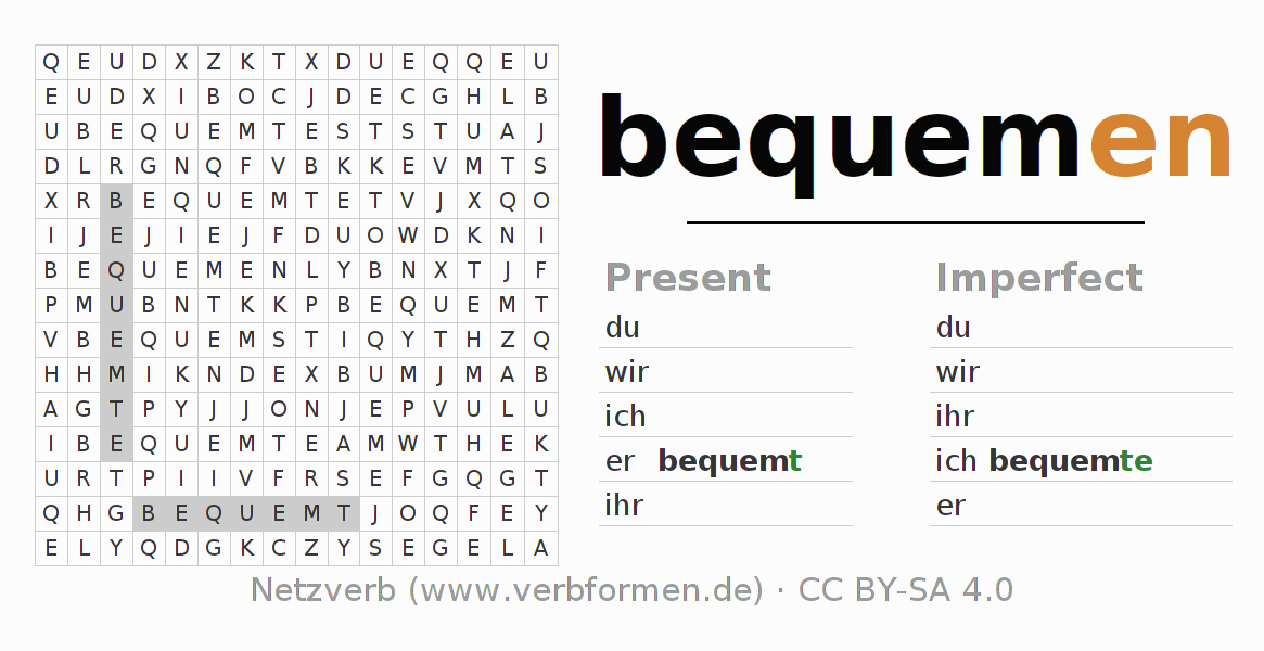 Word search puzzle for conjugation of German verb bequemen