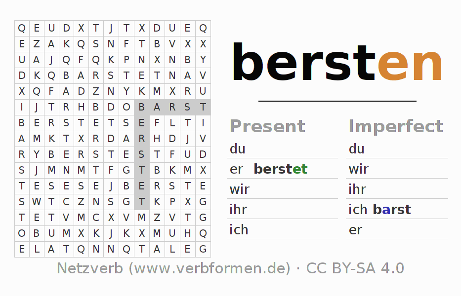 Word search puzzle for conjugation of German verb bersten