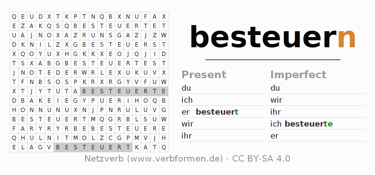 Word search puzzle for conjugation of German verb besteuern