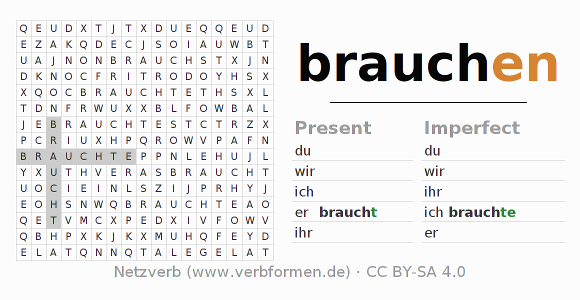 Word search puzzle for conjugation of German verb brauchen