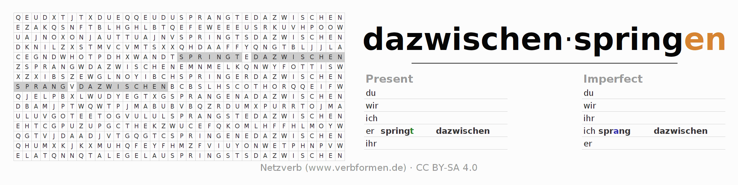 Word search puzzle for conjugation of German verb dazwischenspringen