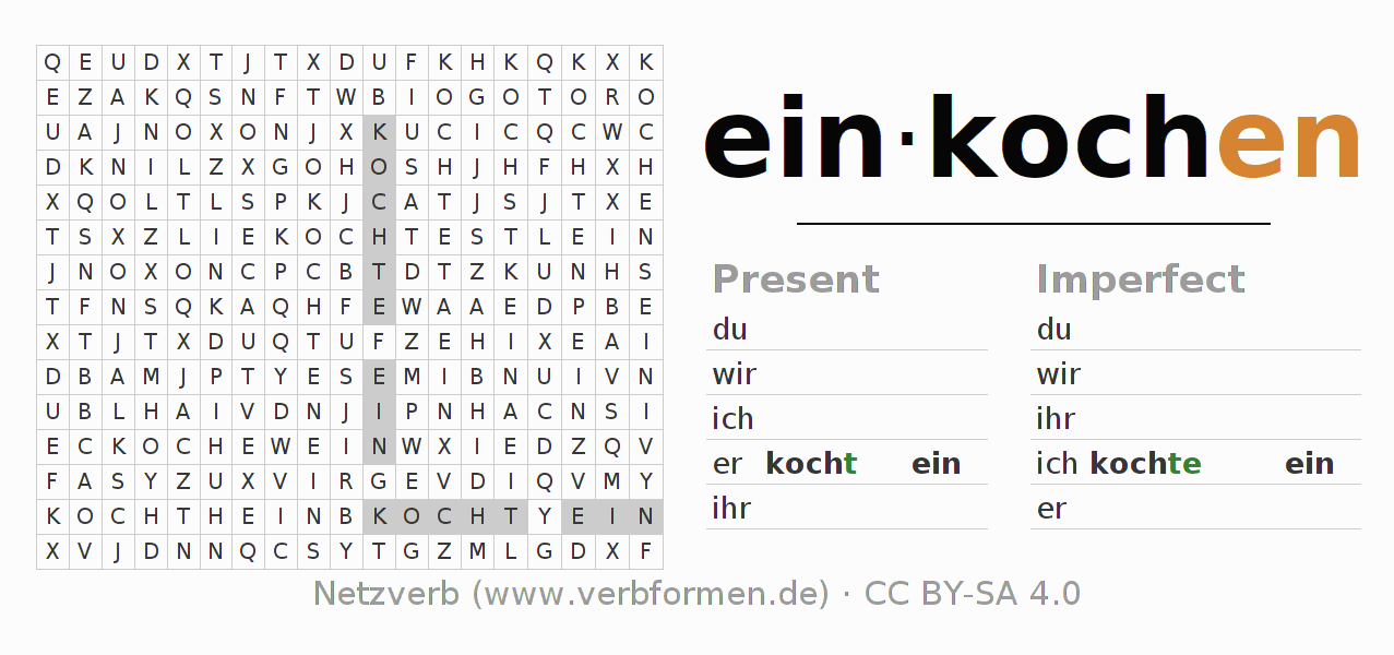 Word search puzzle for conjugation of German verb einkochen