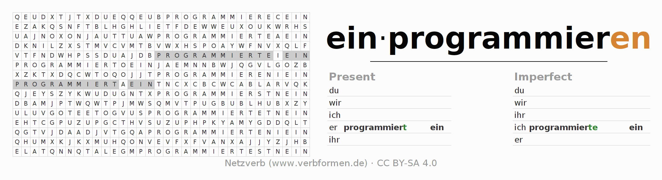 Word search puzzle for conjugation of German verb einprogrammieren
