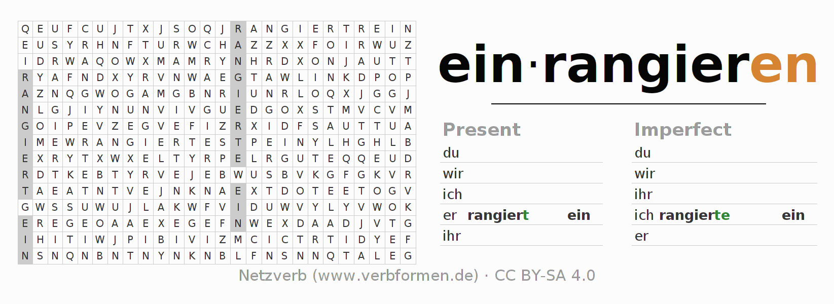 Word search puzzle for conjugation of German verb einrangieren