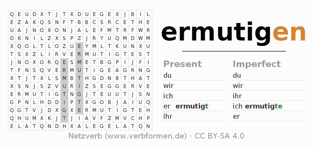 Word search puzzle for conjugation of German verb ermutigen