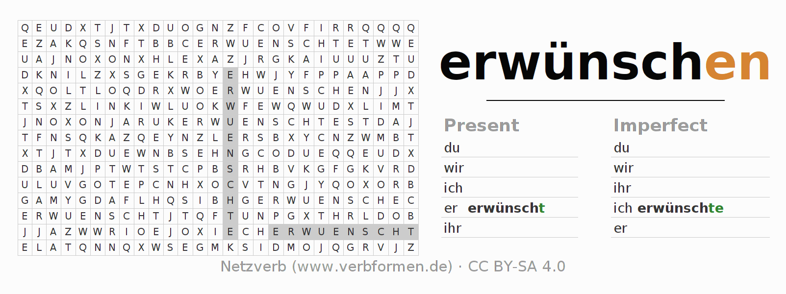 Word search puzzle for conjugation of German verb erwünschen