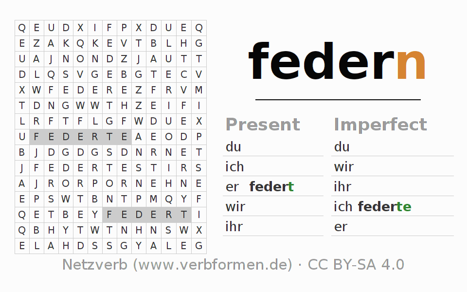 Word search puzzle for conjugation of German verb federn