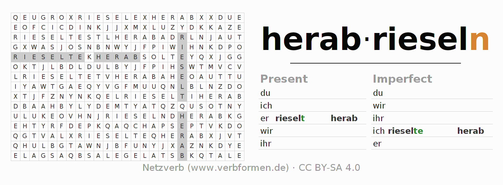 Word search puzzle for conjugation of German verb herabrieseln