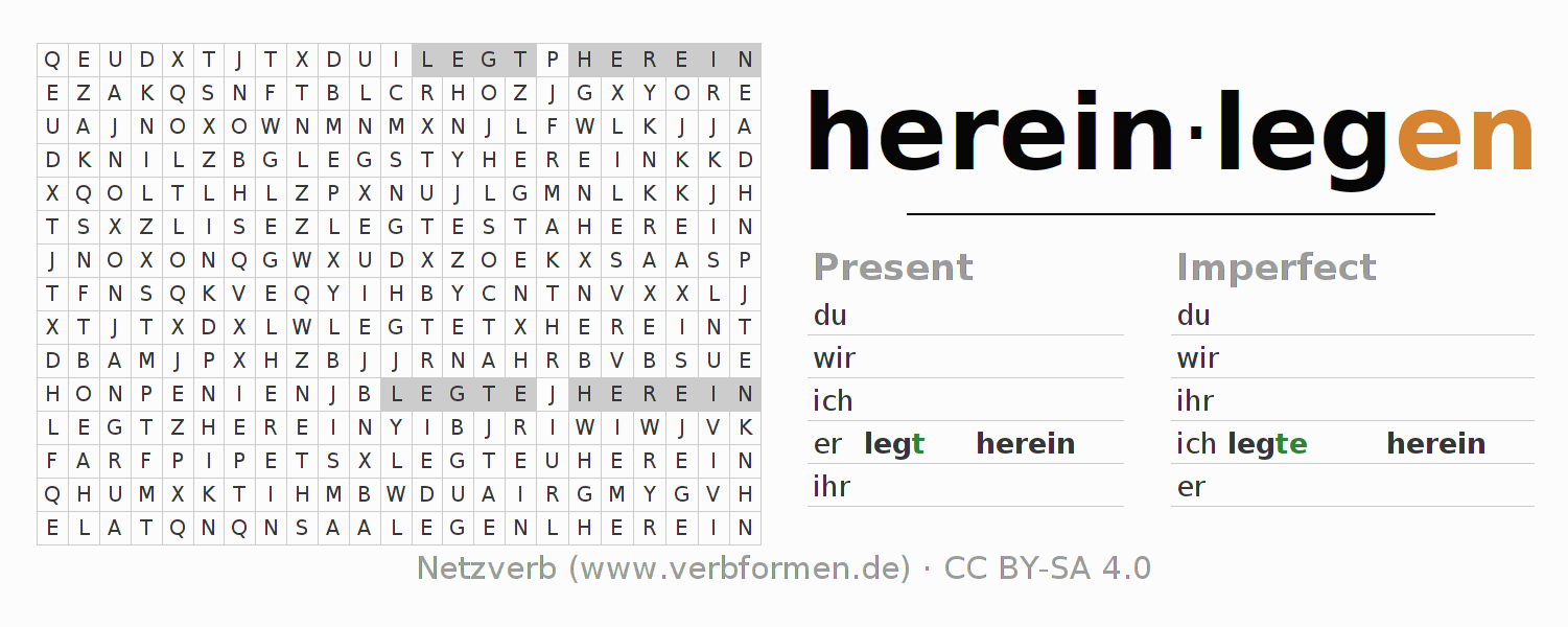 Word search puzzle for conjugation of German verb hereinlegen