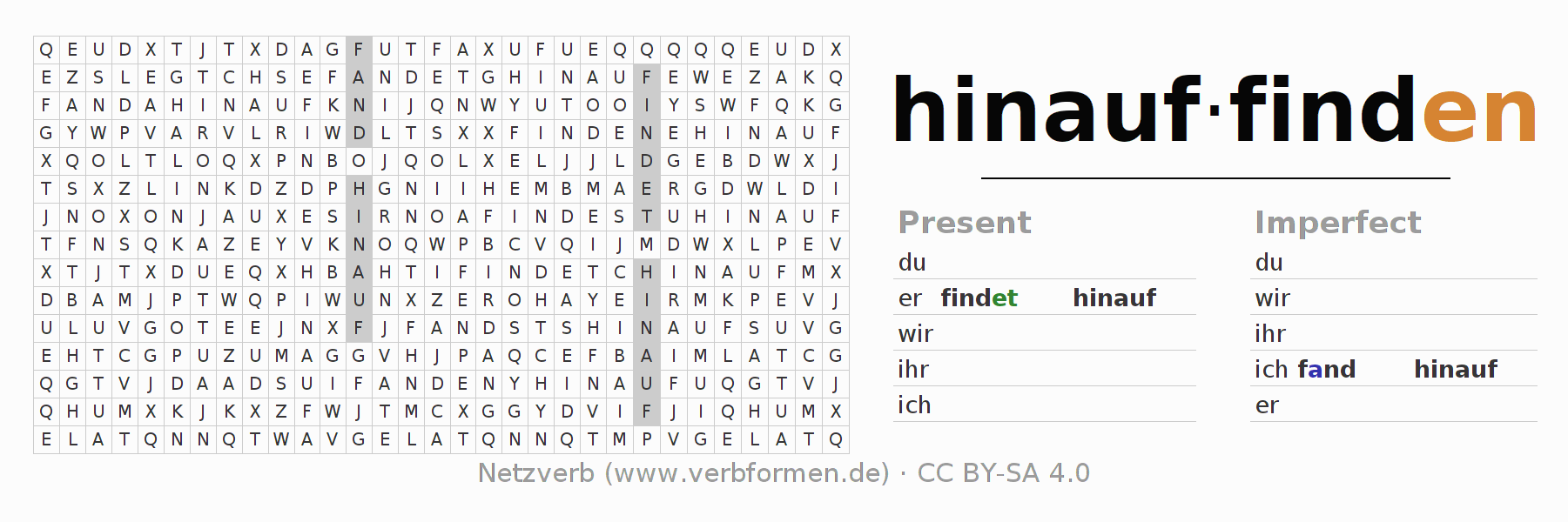 Word search puzzle for conjugation of German verb hinauffinden