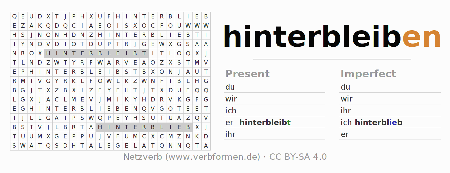 Word search puzzle for conjugation of German verb hinterbleiben