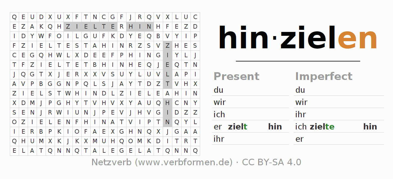 Word search puzzle for conjugation of German verb hinzielen
