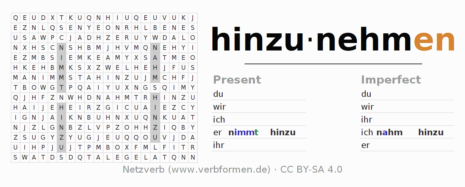 Word search puzzle for conjugation of German verb hinzunehmen
