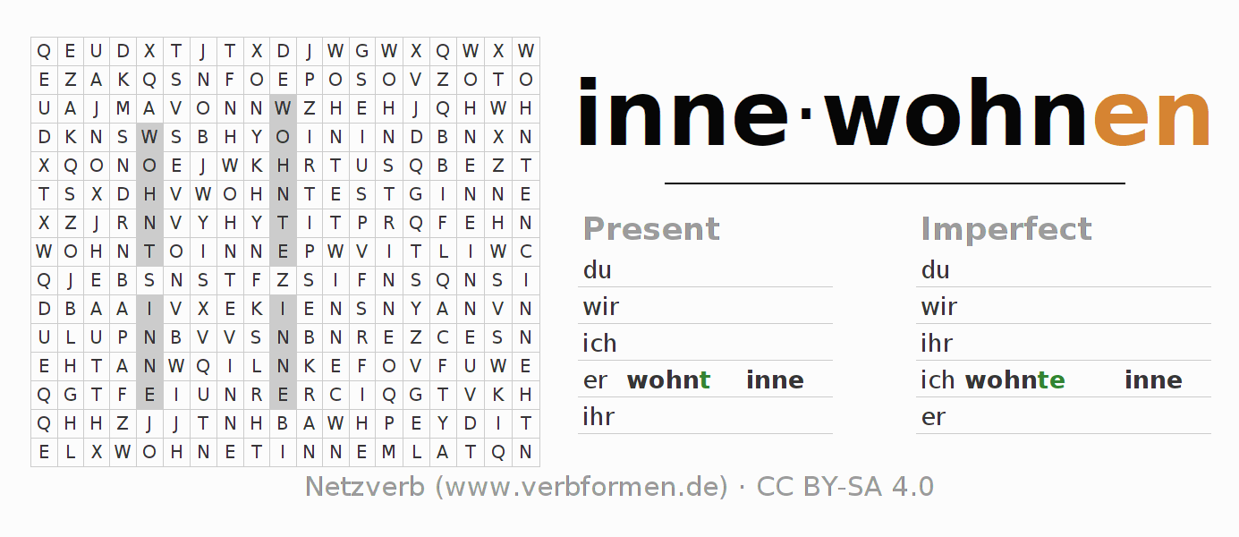 Word search puzzle for conjugation of German verb innewohnen