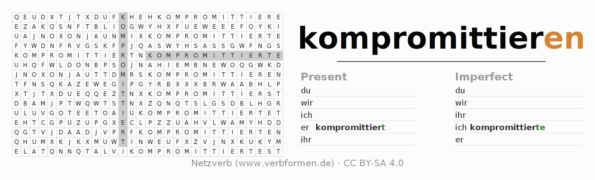 Word search puzzle for conjugation of German verb kompromittieren