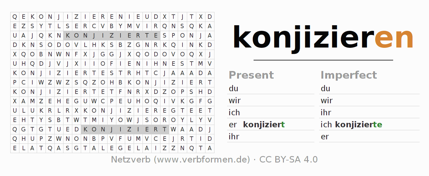 Word search puzzle for conjugation of German verb konjizieren