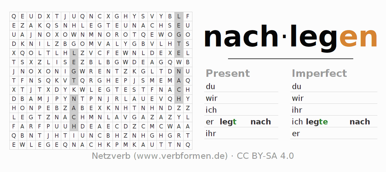 Word search puzzle for conjugation of German verb nachlegen