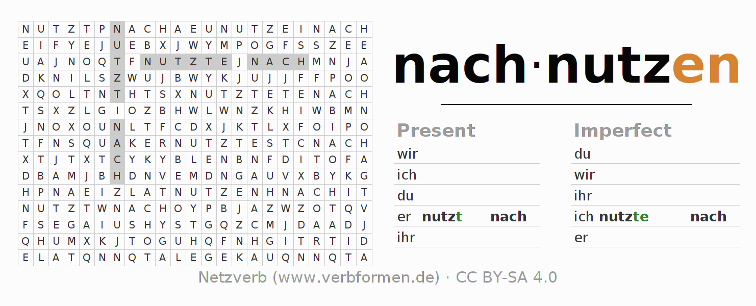 Word search puzzle for conjugation of German verb nachnutzen