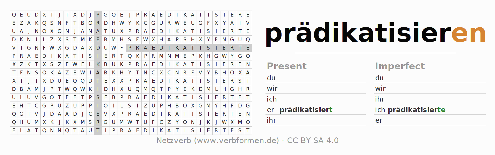 Word search puzzle for conjugation of German verb prädikatisieren